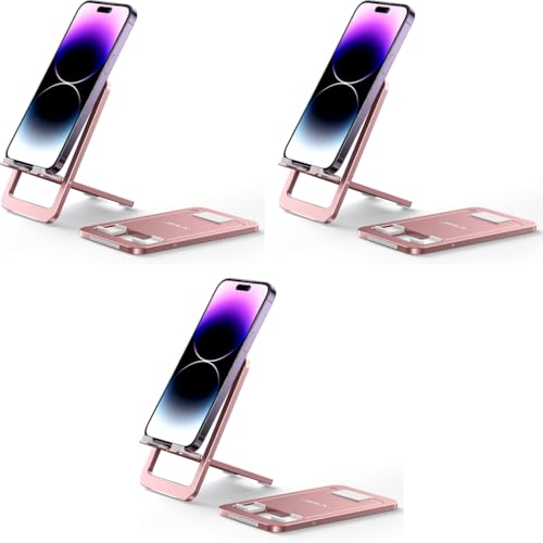 JSAUX® Universal Mobile Stand for Desk Foldable Aluminum Adjustable Phone Stand for Office Smart Gadgets Portable Travel Holder Compatible iPhone 16 15 14 Galaxy S25 S24 Pink 3PCS