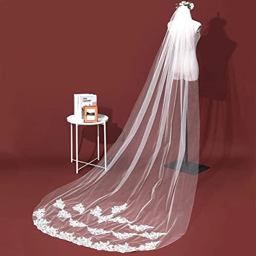 PALAY® Womens Polyester Bridal Veil 3M Wedding Cowl For Bride White Lace Edge Long Cathedral 1 Tier Drop Tulle Hair Accessories 3 PCS
