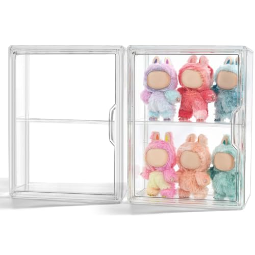 HASTHIP® PET Display Box for 4'' Collectible Figures, Double Layer Display Closet with Door, Desk/Wall Clear Sealed Display Stand with Flexible Shelf, 27x14x36cm