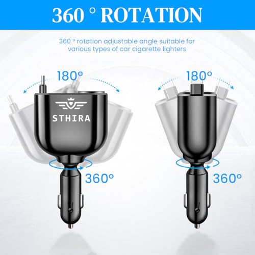 STHIRA® 5 in 1 Car Cigarette Lighter Splitter with Retractable USB C Charging Cable LCD Real Time Voltage Display Dual PD 30W Type C Ports USB A Port Universal 12V 24V Charger 3PCS