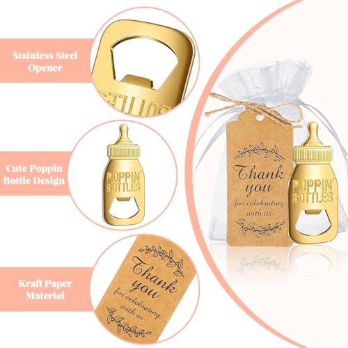 SNOWIE SOFT® 12PCS Baby Shower Return Gifts Thank You Golden Bottle Shaped Opener Creative Babies Birthday Decoration Token with Cards Drawstring Bags