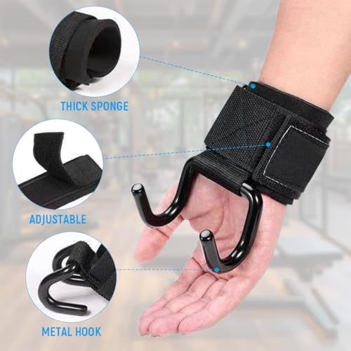 Proberos® 4PCS Weight Lifting Hooks for Enhanced Grip Strength Metal Dual Deadlift Pull-Up Wrist Support Adjustable Hook and Loop Closure Assisted Gym Straps Men Women Black