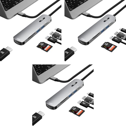 Verilux® USB C HUB 6 in 1 to HDMI Adapter 4K 30Hz 3.0 2.0 Multiple Port SD TF Card Reader PD 100W Charging Type for Laptop MacBook Pro Air Long Cable 20CM 3PCS