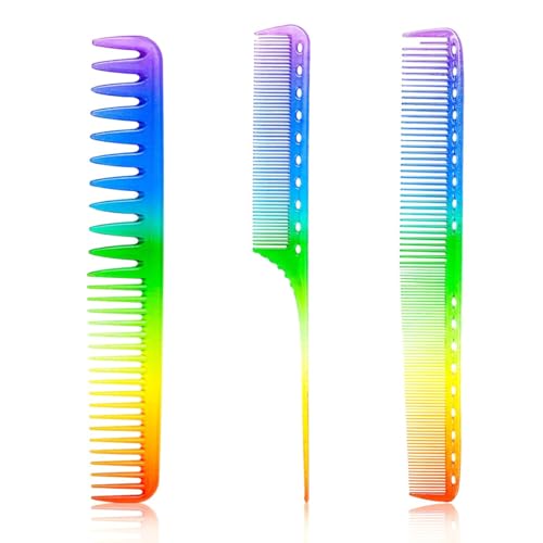 MAYCREATE® 3pcs Hair Comb Set Rainbow Fine Cutting Hairdressing Rat Tail Combs Salon Fine Teeth Hair Styling Comb for Back Combing, Root Teasing - Anti-Static & Heat Resistant