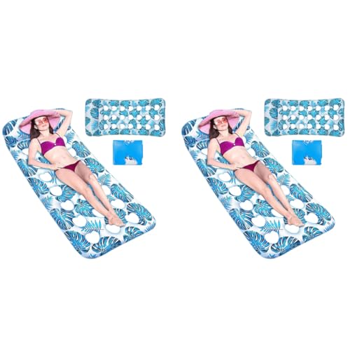 Proberos® Premium PVC Pool Lounger for Adults 160cm Extra-Long Inflatable Floating Bed with Headrest Sun Shade Heavy-Duty Float for Sunbathing Lake Beach Blue 2 PCS