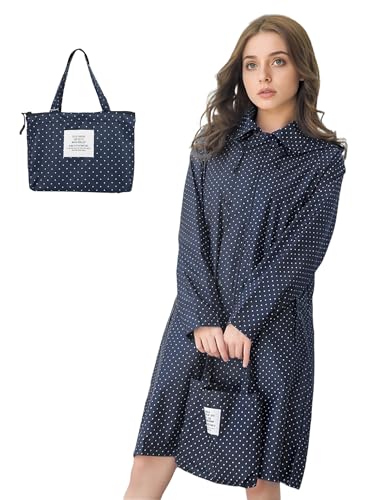 Venzina® Raincoat for Women High Waterproof Hooded Rain Jacket Zip-up Rain Coat Knee-length Lightweight Rainwear Outdoor Rainproof Poncho with Storage Pouch, Stylish Polka Dot Jacket, Navy Blue-L