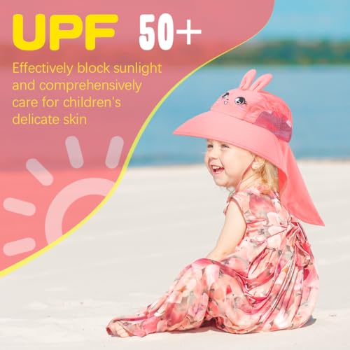 SNOWIE SOFT® Wide Brim Sun Hat for Kids Girls with Neck Flap Shawl, UPF 50+ Adjustable Chin Strap Sun Protection Hat for Girls 4-10 Years Old Pink
