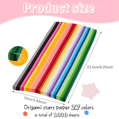 HASTHIP® 1030 Sheets Star Origami Paper 27 Assortment Color Strip Double Sided Lucky Decoration Strips for DIY Hand Art Crafts Decor Gifts 3 PCS