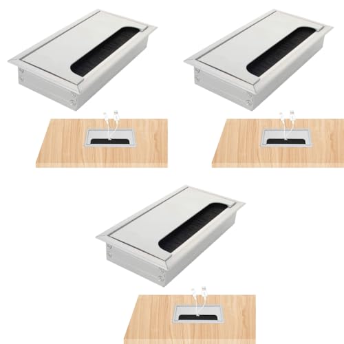 HASTHIP® Rectangular Wire Cable Hole Cover with Dust-Proof Brush Aluminum Metal Organizer Manager for Table Desk Cap Office Computer Desks 160mm*80mm Silver 3PCS