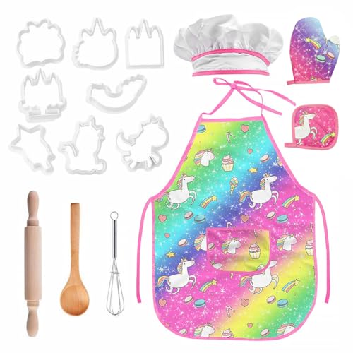 SNOWIE SOFT Kids Baking Supplies Set Little Chef Dress Up Unicorn Apron Cooking Set DIY Cookies Cutter Mold Set with Egg Whisk, Dough Rolling Pins, Cup  Kids Cooking Set for Christmas, Party
