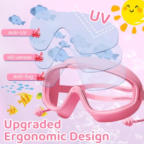 Proberos® Swimming Goggles for Kids with Swim Cap Ear Plugs Big Frame Leakproof Children Professional Anti Fog UV Protection Girls Age 4-16 3PCS