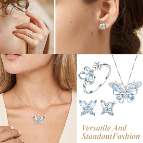 SANNIDHI® 4 Pcs Jewellery Set for Women Girls Crystal Butterfly Chain Pendant Necklace Adjustable Finger Rings Studs Earrings Stylish Necklace Set Valentine Birthday Gift for Women, Girls - Blue 12 PCS