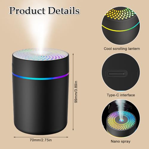 STHIRA® Car Humidifier,Car Humidifier Diffuser,2 Mist Modes with Colourful Lights Essential Oil Diffuser Automatic Shut-Off USB Power Supply Mist for Home Office Travel-