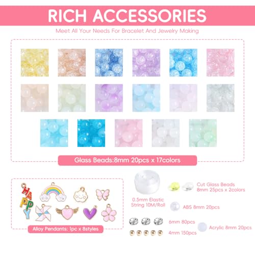 SANNIDHI® 2010PCS 8mm Bracelet Beads for Making, Cracked Crystal Glass Kit for Kids Activity, 24-Grid Color Round Jewellery DIY with Charms Spacer