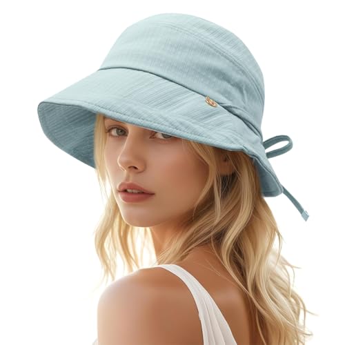 SANNIDHI® Sun Hat for Women Bucket Hat Wide Brim Sun Hat UV Protection Beach Hat with Chin Strap Outdoor Hat Fashion Women Sun Hat Adjustable Tie-Back Casual Sun Hat Mother's Day Gift, Blue