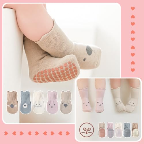 SNOWIE SOFT 5 Pairs Baby Socks Set 0 to 6 Months, Antislip Socks for New Born Baby, Non Slip Grip Ankle Socks with Non Skid Soles Infants Socks for Toddler Girls Boys 6-12 Months Baby Shower Gifts