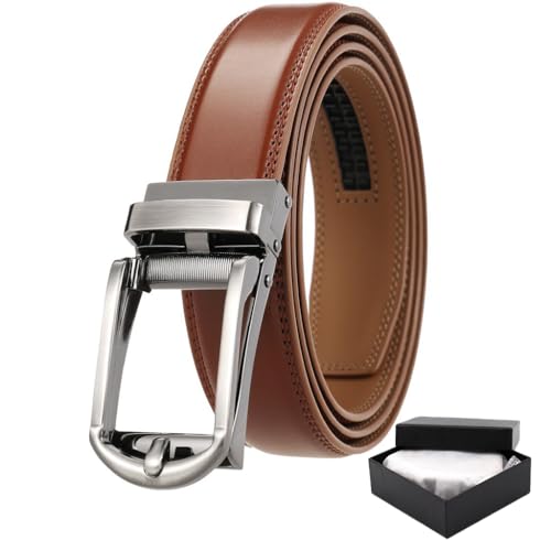 GUSTAVE® Belts for Men Brown Ratchet Leather Belt Auto-lock Sliding Buckle Formal Belts Casual Man Belt for 43-41in (110cm-130cm); Waist, Father's Day Gift