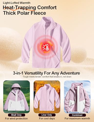 Venzina® Women's 3-in-1 Waterproof Windproof Jacket with Detachable Fleece Liner for Winter, Hiking, Travel & City Commute, Purple-S