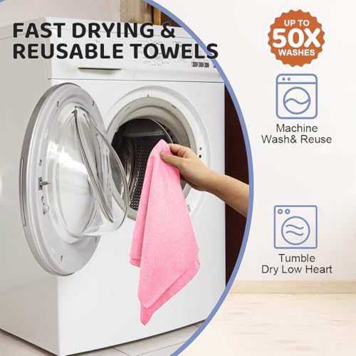 HASTHIP® 15-Count Microfiber Cleaning Cloth Roll 25x40cm Absorbent Car Clothes Microfiber Reusable Kitchen Towels Roll Dusting Dish Cloth Pre-Cut Tear Away Kitchen Cleaning Clothes (Pink)