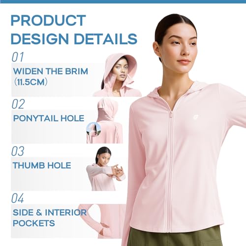 Venzina® Women's UPF 50+ Athletic Jacket Long Sleeve Lightweight Sunscreen Protective Clothing UV Sun Protection Full Zip Cooling Hoodie for Women for Outdoor Hiking, Pink-2, S