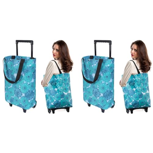 HASTHIP® Portable Shopping Cart with Wheels Telescopic Handle Shoulder Straps Large Capacity Waterproof Grocery Trolley Bag Foldable Lightweight for Seniors Market Travel Floral Print 2PCS