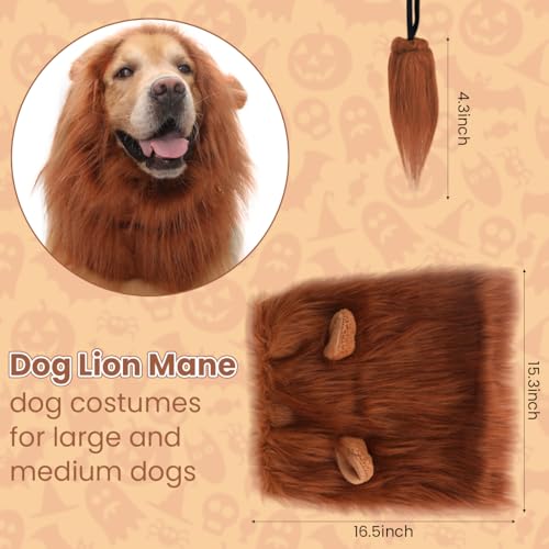 Qpets® Lion Costume Set for Dogs - Adjustable Mane Headpiece & Tail with Ears Halloween Dress Up Party Accessories for Medium Large Breed Dogs Christmas Festival Photo Props Pet Costume