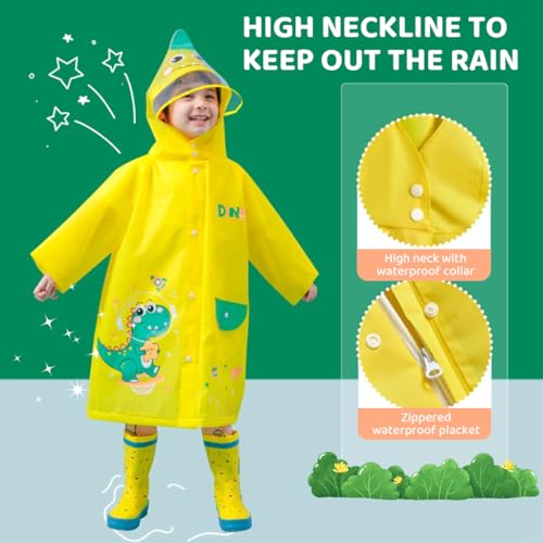 PATPAT Dinosaur Kids Rain Coat EVA Hooded Jacket with Transparent Wide Brim Cartoon for Boys Girls 4-5 Years Old M 2 PCS with Storage Pouch Knee-length