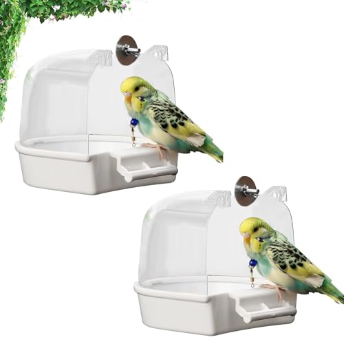 Qpets® Bird Bathing Box for Cage, 2 Pcs - Transparent Cover, 14x14x13CM, Screw-Fixed, Easy Installation, Water Refill Hole, Durable Non-Toxic Plastic, Perfect for Finches, Parakeets & Canaries