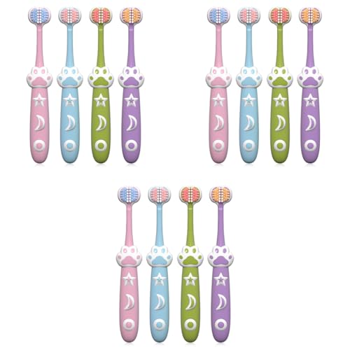 HANNEA® 12PCS Kids Toothbrush Triple-sided for Age 3 Plus Ultra Soft Bristle Brush Designed Deciduous Teeth Cute Lovely Cartoon Cat Palm Handle Child Toddlers