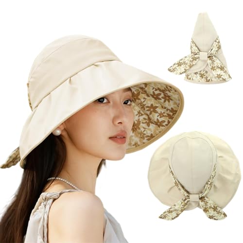 SANNIDHI® Sun Hat for Women UPF 50+ Wide Brim Sun Hat Fashion Beige Floral Bow Beach Hat with Chin Strip Packable Outdoor Packable Sun Hat for Travel, Hiking, Beach