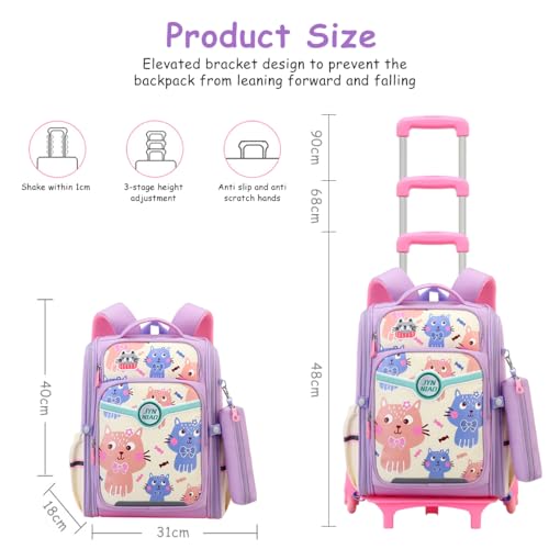 PALAY® School Backpack for Girls Backpack on Wheel SchoolGirls 6-12 Years Old Waterproof Cartoon Print Girls Backpack with Detachable Wheel Stand Lightweight Travel Backpack for Kids