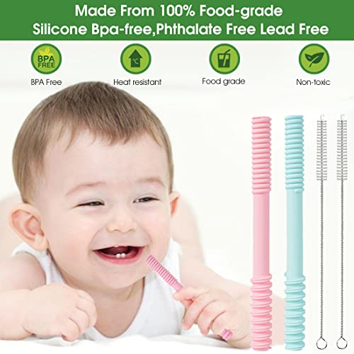 HASTHIP® 2pcs Straw for Baby Silica Gel Straws for Drinking Juice,with Cleaning Brushes, Baby Teether Straw for Baby