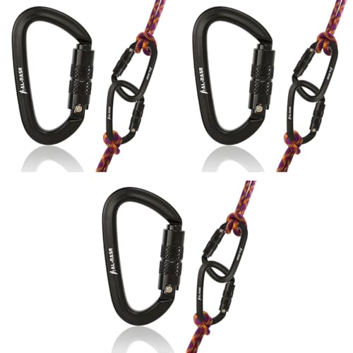 Proberos® Heavy Duty Auto-Locking Carabiner Clip 1600KG D-Shape Aluminum Alloy Climbing for Hammock Rock Tree Work Secure Twist Lock 4.9x8.5cm Black 3PCS
