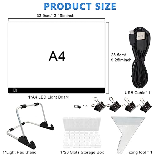 HASTHIP® A4 LED Light Board for Diamond Painting Kits, USB Powered Light Pad with Brightness Controlled Touch Button, Detachable Stand, Clips and 28-Grid Diamond Storage Box for 5D Diamond Art