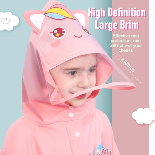 SNOWIE SOFT® Hooded Raincoat for Kids Wide Brim EVA Knee Length with Storage Bag Cartoon Unicorn Print 3-4 Years Old S Recommended Height 85-105cm 3 PCS