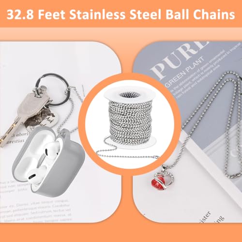 SANNIDHI® 2Pcs 32ft Bead Chain for DIY Charms 2.0mm Stainless Steel Ball Bead Chain with 20Pcs Clasp Customized DIY Bead Chain for Charms, Keychains, Pendents, Craftings