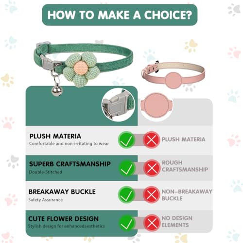 Qpets® Cat Collar Pet Cute Flower with Bell Lovely Quick Release Adjustable Soft Plush Gift Green 2PCS