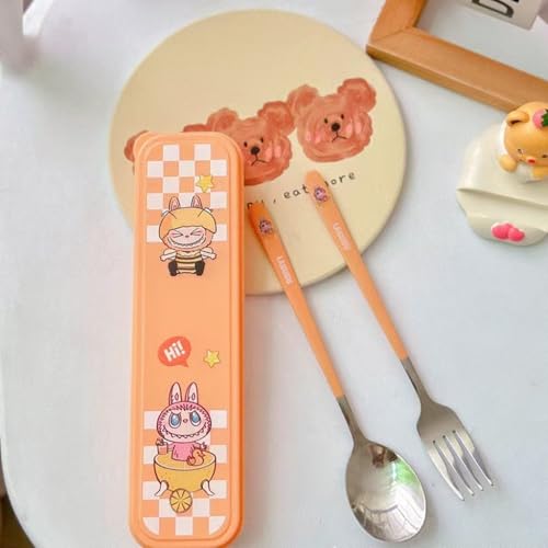 FANCYKU® 7.87 inch Spoon Box for Kids with Cute Spoon and Fork Take Storage Case,Kids Utensils for Lunch Box,Easy to Clean