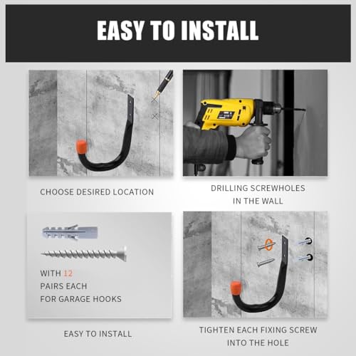 Serplex® Heavy Duty Garage Hooks For Hanging, 12PCS Metal Utility Wall Storage Hooks, Ladder Hooks, Wall Mount J Hooks With Anchors Screws, Metal For Garden Black