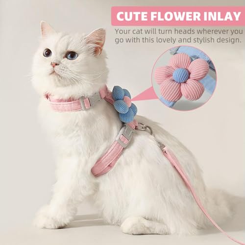 Qpets® Cat Harness with Leash Set for Kitten Quick Release Buckle Escape Proof Cute Flower Small Pet Belt Outdoor Walking Travel M Chest 27-43cm Neck 23-33cm 3PCS