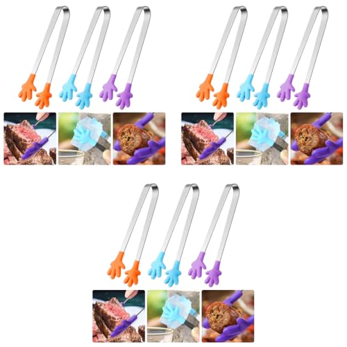HASTHIP® 9PCS Small Kitchen Tongs 5.1 Inch Stainless Steel Creative Color Silicone Palm Food Dessert Pastries Ice Cube Sushi Kids Party Supplies