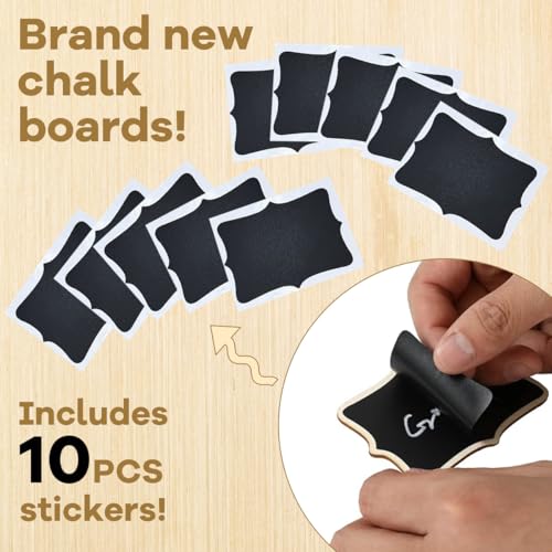 OFIFO® 10Pcs Small Chalkboard Sign with Wooden Stands, 2 Designs, Fancy Wooden Frame Writable Mini Chalkboard Displaying Boards with 10 Replacement Writing Stickers, 10x7.5cm
