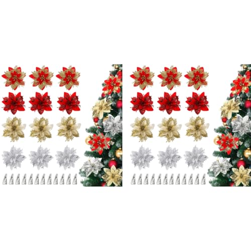HASTHIP® 24PCS Christmas Poinsettias 5.5 inches Glittering Artificial 4 Designs Golden Red Flowers Home Decor