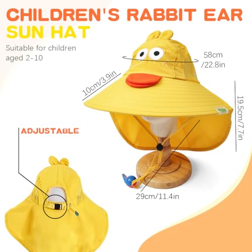 SNOWIE SOFT® Kids Sun Hat Cartoon Yellow Wide Brim for Girls Breathable Mesh Visor with Neck Flap Summer Windproof Beach Adjustable Chin Strap Design 2 PCS