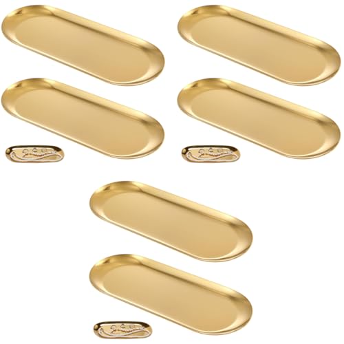 HASTHIP® 6PCS 23x9cm Golden Stainless Steel Trays Luxurious Jewelry Organizer Scratch-Resistant Vanity Multipurpose Bathroom Kitchen Dressing Table Accessories Elegant Trinket Set