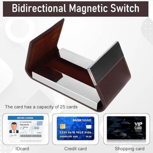 ZIBUYU® 2PCS PU Leather Business Card Holder for Men & Women, 25-Card Capacity, Magnetic Snap Closure, Pocket-Sized, Artisanal Handmade, Compact, Travel-Friendly, Executive Networking Meetings, Brown