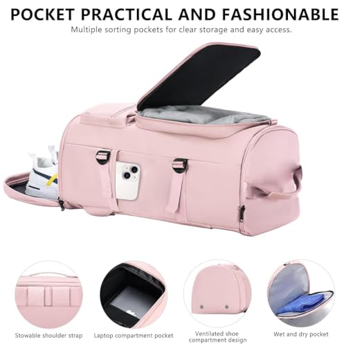 GUSTAVE® 40L Gym Bag for Women, 2-in-1 Fashion Nylon Travel Duffel & Backpack, Multipurpose Yoga & Sports Fitness Bag with Shoe Compartment, Waterproof Pouch, Convertible Crossbody for Travel, Pink