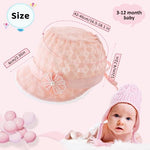 SNOWIE SOFT® Baby Cap 6-12 Months, Adorable Sun Cap for Baby Girl, Summer Hat with Strap Bucket Hat Cute Bow Tie Lace Sun Hat Travel Sun Hat for New Born Baby, Pink