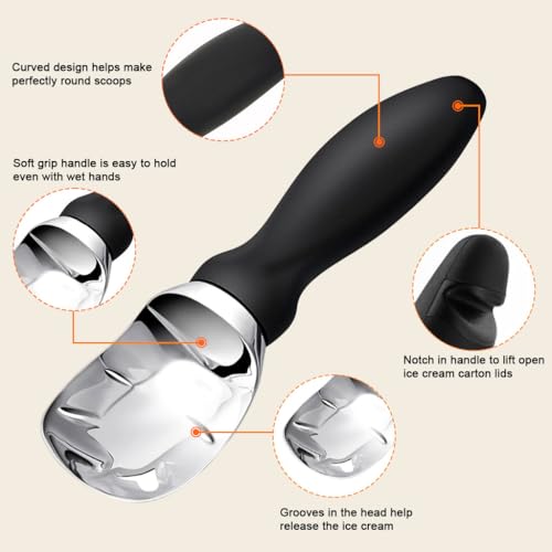 HASTHIP® Heavy Duty Ice Cream Scoop Professional Metal Spoon with Anti-Slip Handle Kitchen Tool Stainless Steel Scooper for Gelato Sorbet Cookie Dough 3 PCS
