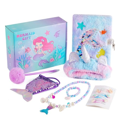 PATPAT® Mermaid Diary for Girls with Lock and Keys,Tie-Dye Fuzzy Journal for Kids with 160 Lined Pages